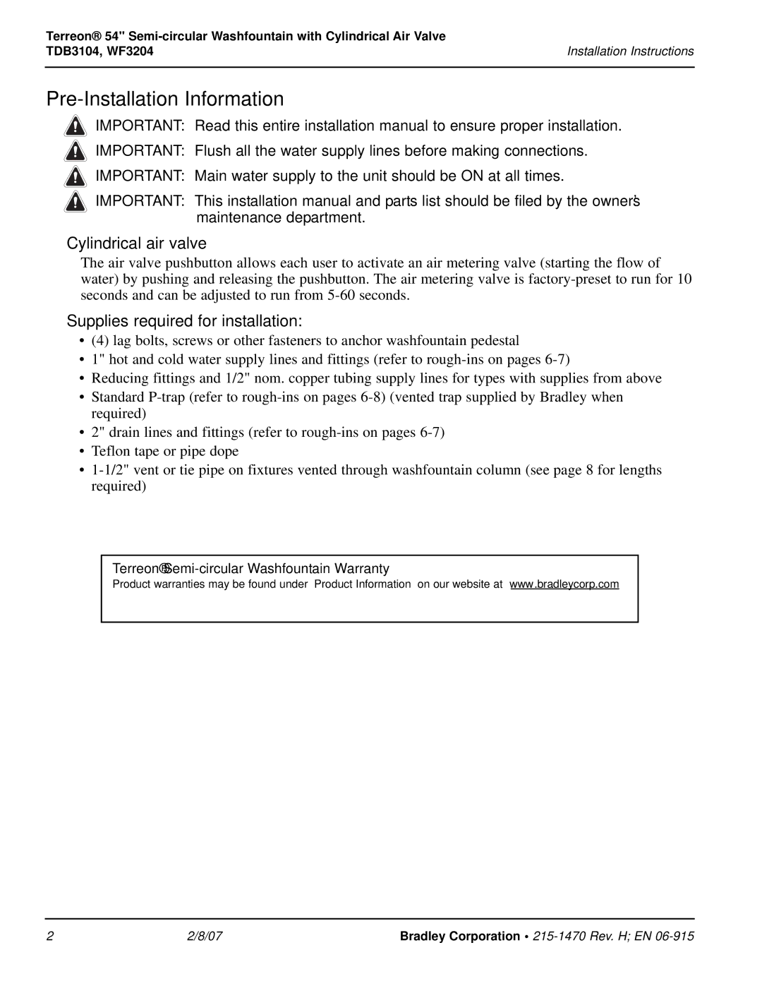 Bradley Smoker WF3204, TDB3104 Pre-Installation Information, Cylindrical air valve, Supplies required for installation 