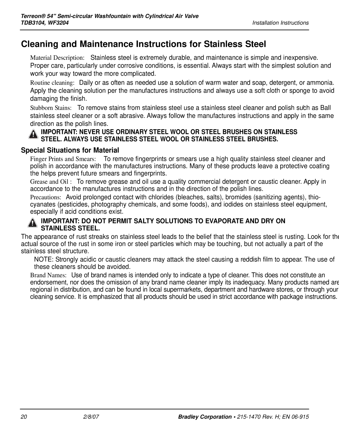 Bradley Smoker WF3204, TDB3104 installation instructions Cleaning and Maintenance Instructions for Stainless Steel 