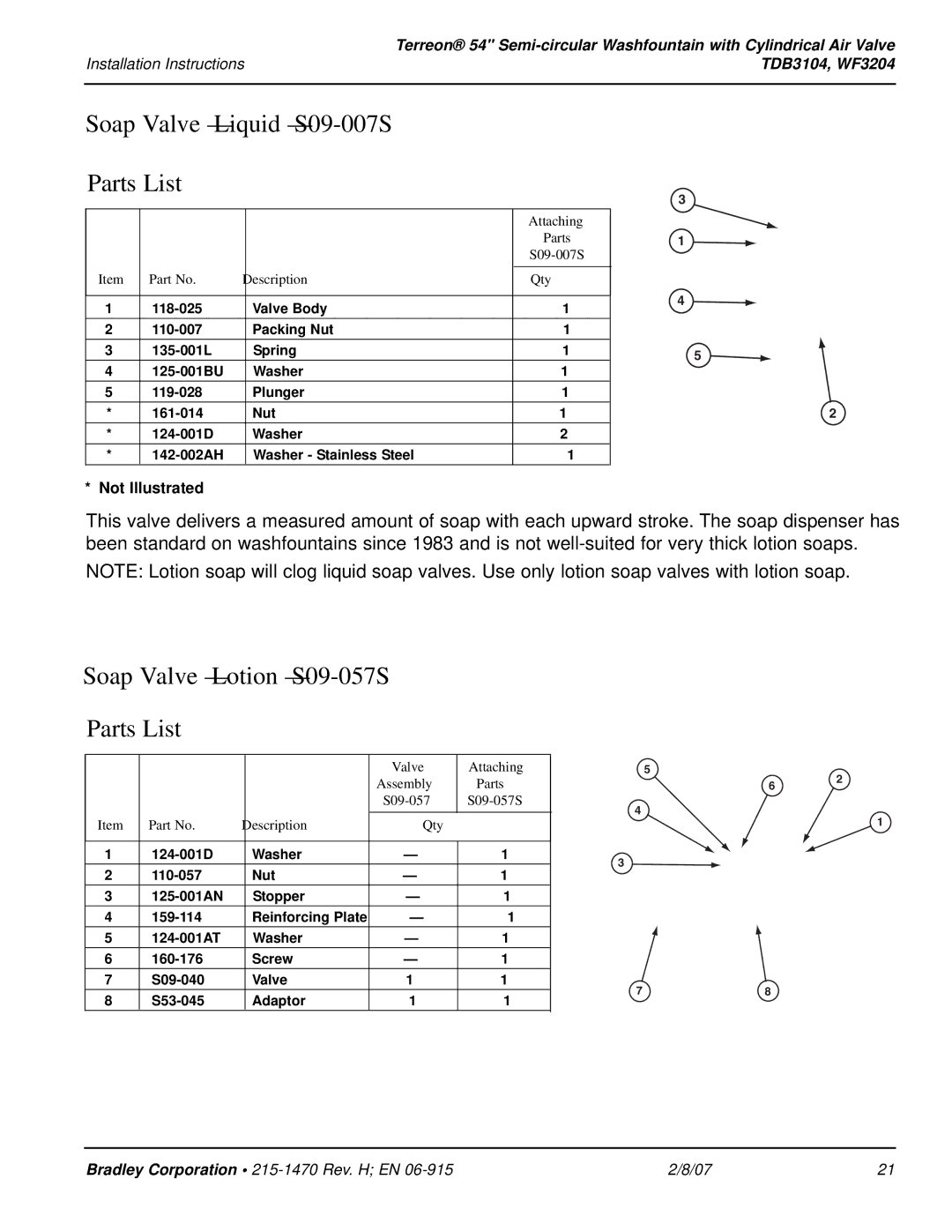 Bradley Smoker TDB3104, WF3204 Soap Valve Liquid S09-007S Parts List, Soap Valve Lotion S09-057S Parts List 