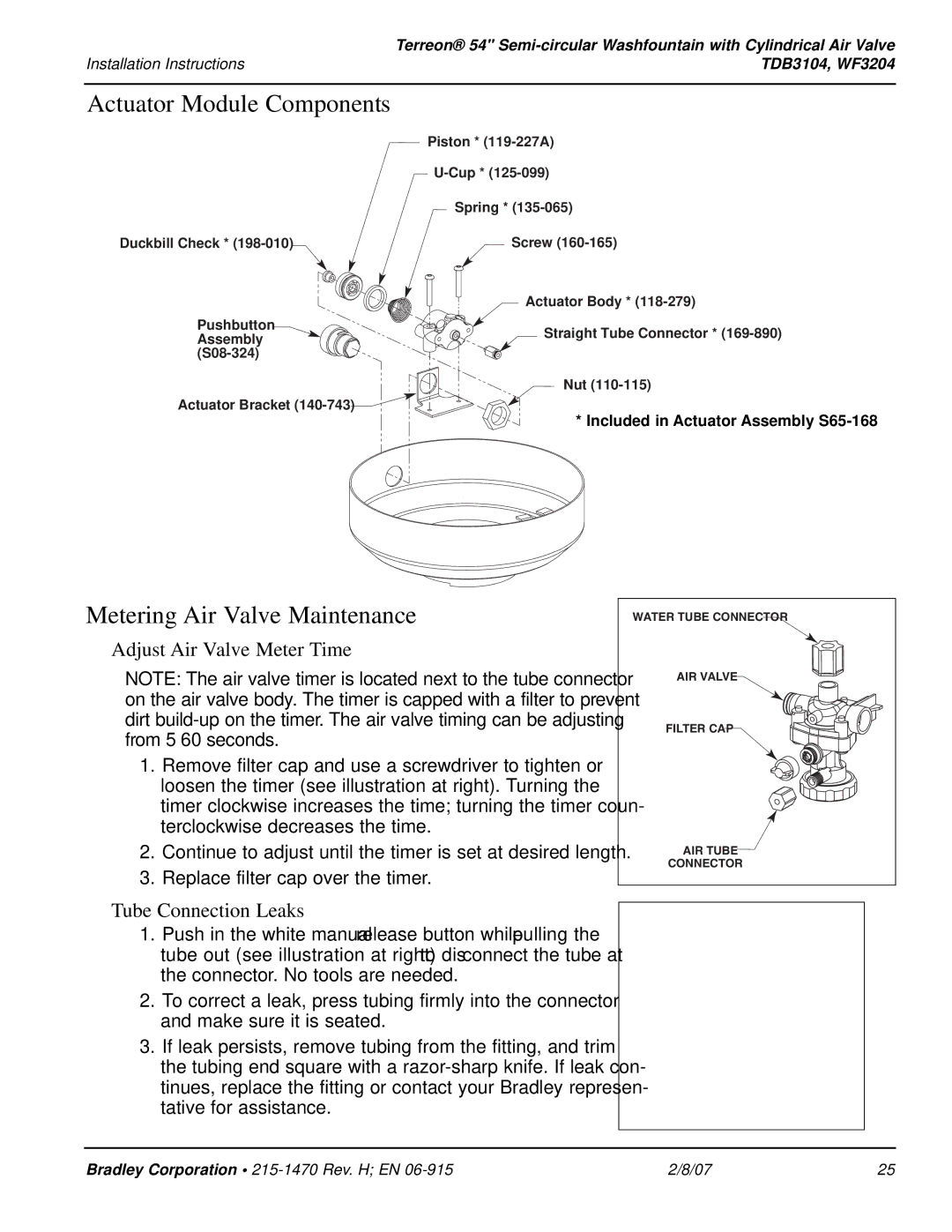 Bradley Smoker TDB3104, WF3204 installation instructions Actuator Module Components, Tube Connection Leaks 