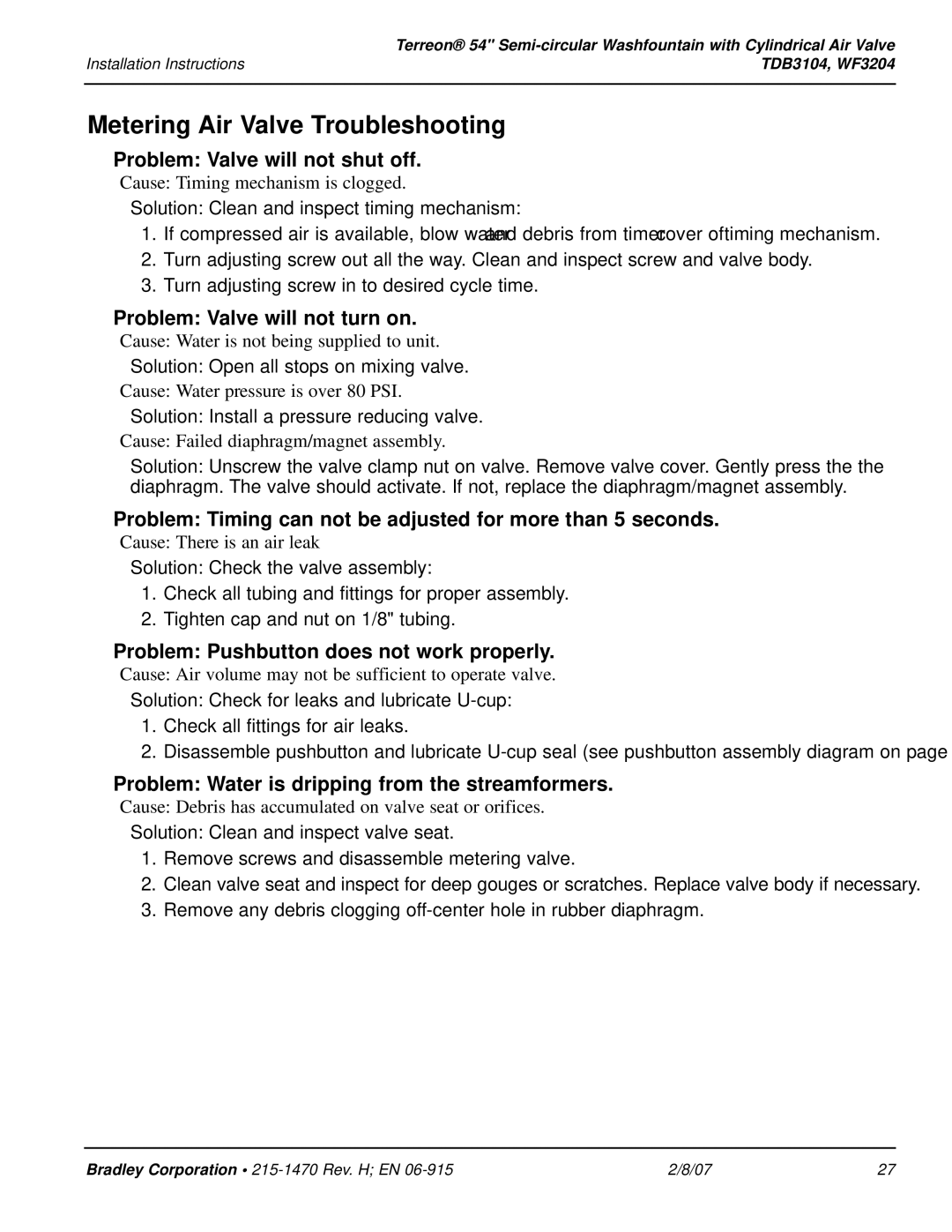 Bradley Smoker TDB3104, WF3204 installation instructions Metering Air Valve Troubleshooting 