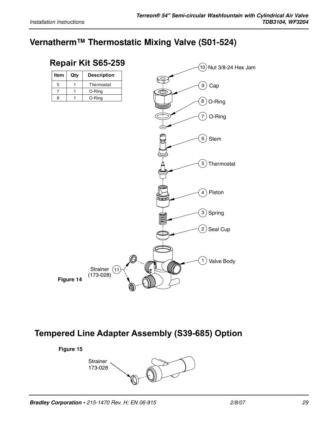 Bradley Smoker TDB3104, WF3204 installation instructions Vernatherm Thermostatic Mixing Valve S01-524, Repair Kit S65-259 