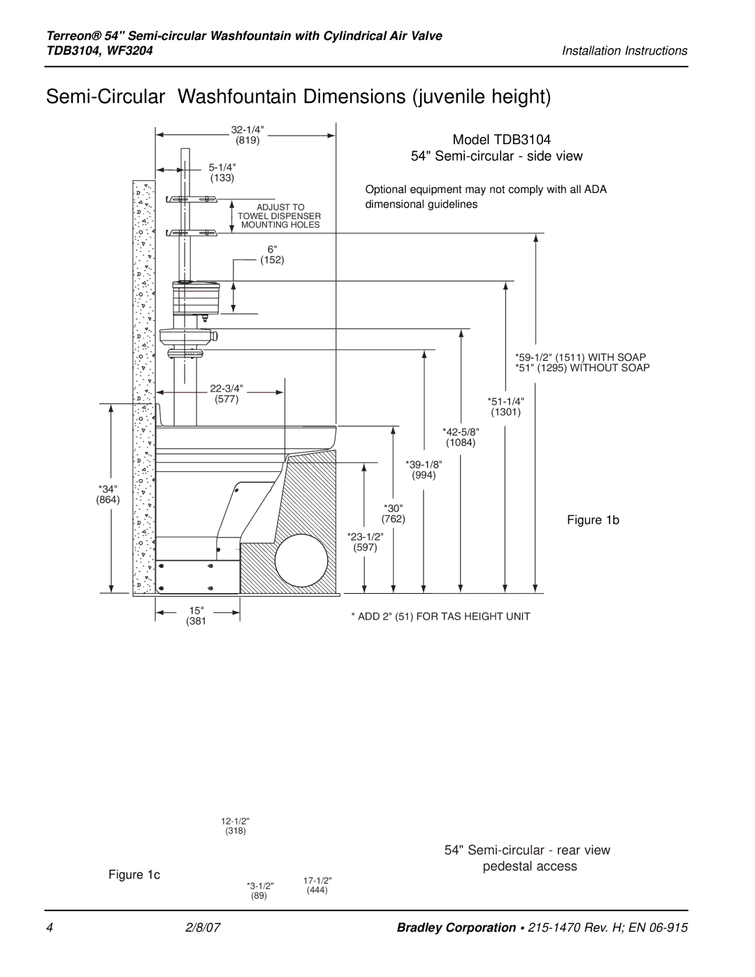 Bradley Smoker WF3204, TDB3104 Semi-Circular Washfountain Dimensions juvenile height, Pedestal access 