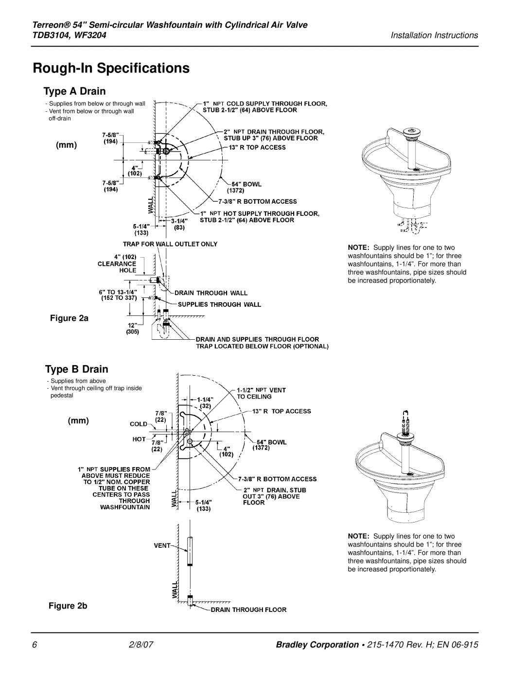 Bradley Smoker WF3204, TDB3104 installation instructions Rough-In Specifications, Type a Drain, Type B Drain 