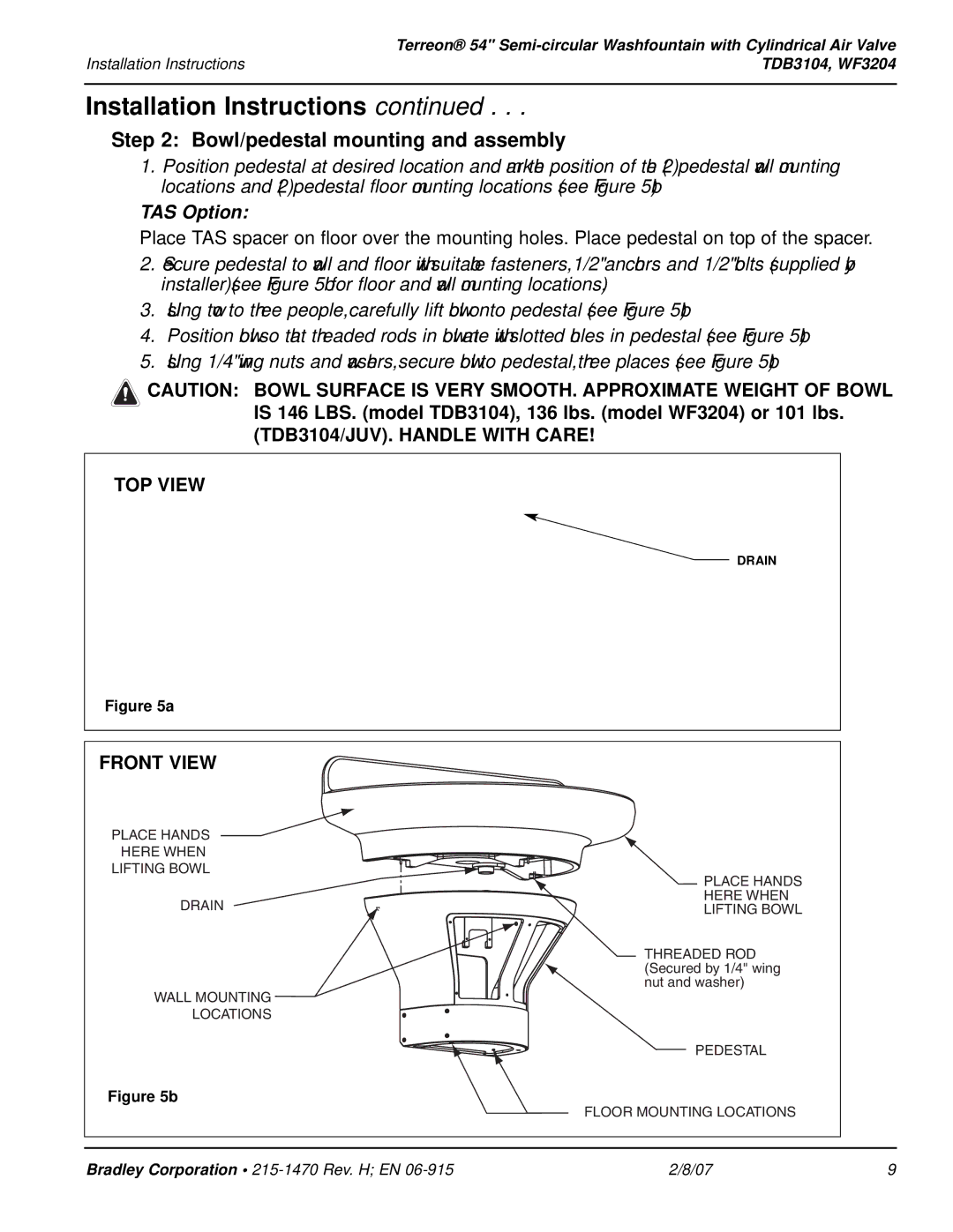 Bradley Smoker TDB3104, WF3204 installation instructions Bowl/pedestal mounting and assembly, TAS Option 