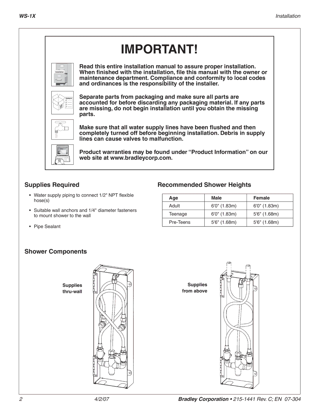 Bradley Smoker WS-1X dimensions Supplies Required, Shower Components Recommended Shower Heights 