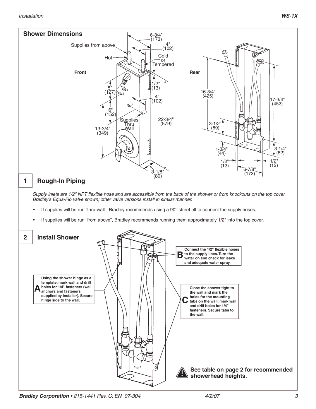 Bradley Smoker WS-1X dimensions Shower Dimensions, Rough-In Piping, Install Shower 