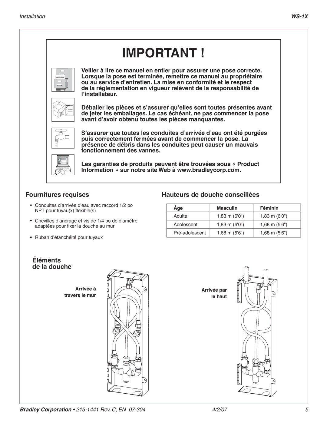 Bradley Smoker WS-1X dimensions Fournitures requises, Hauteurs de douche conseillées, Éléments de la douche 