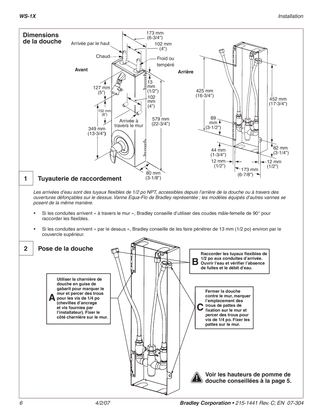 Bradley Smoker WS-1X dimensions Dimensions, De la douche Arrivée, Tuyauterie de raccordement, Pose de la douche 