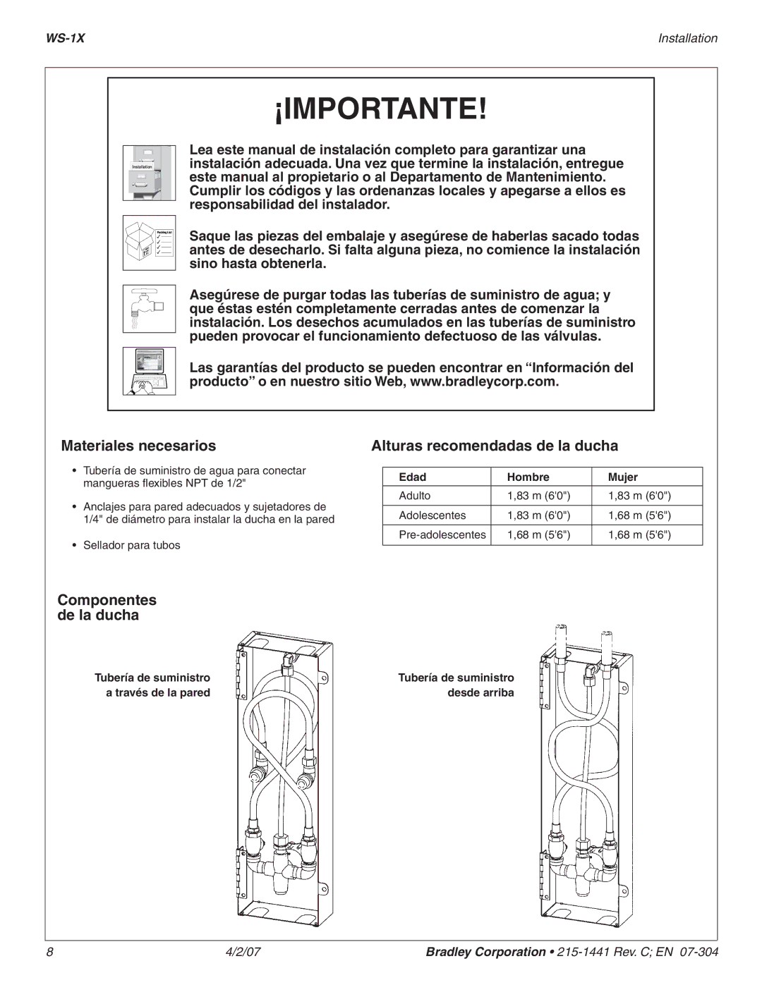 Bradley Smoker WS-1X dimensions Materiales necesarios, Alturas recomendadas de la ducha, Componentes de la ducha 