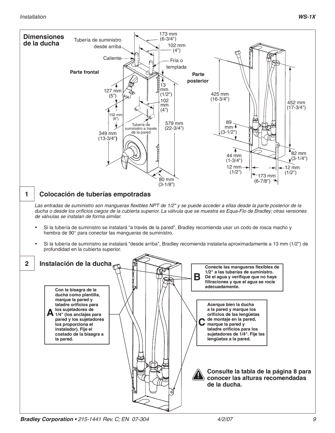 Bradley Smoker WS-1X Colocación de tuberías empotradas, Instalación de la ducha, Conecte las mangueras ﬂexibles de 