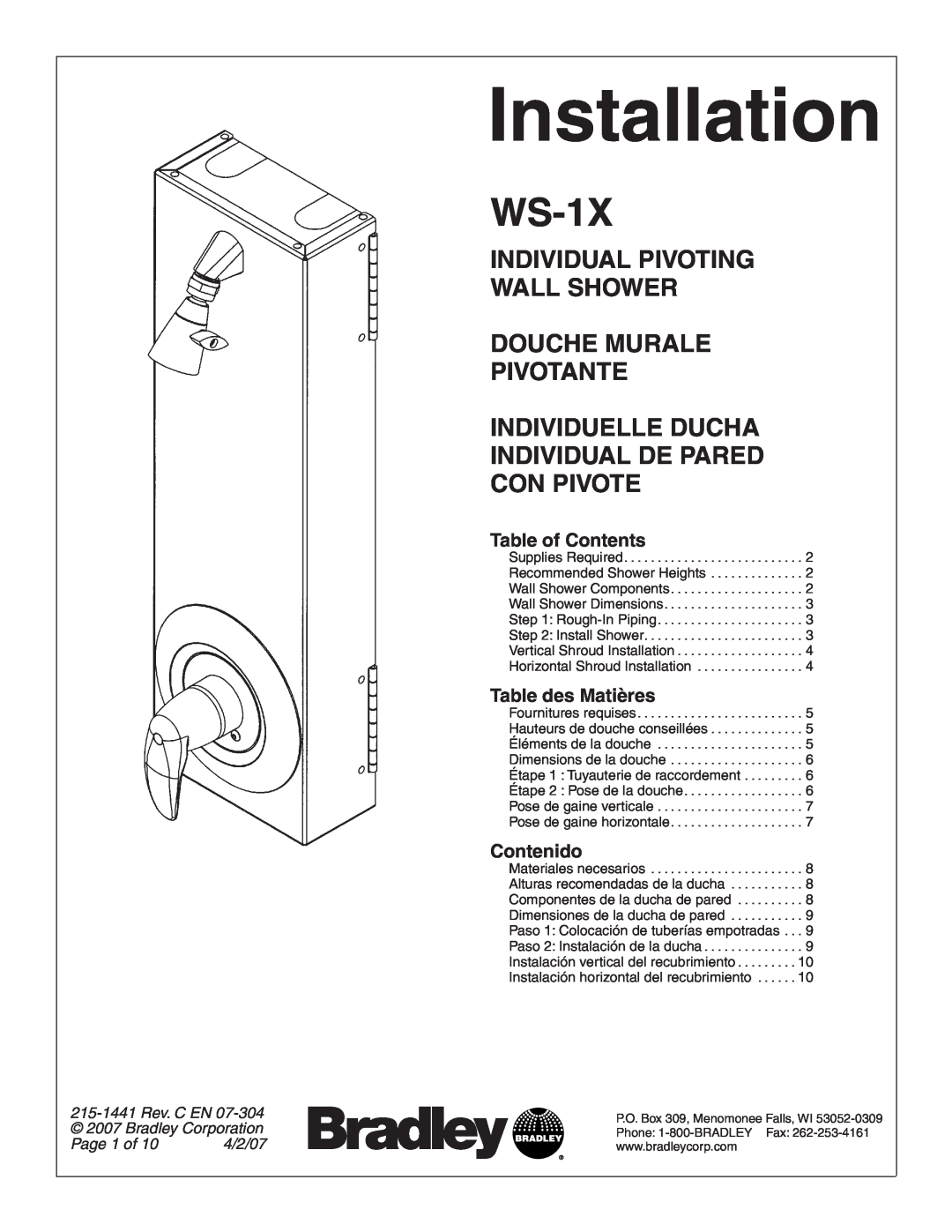 Bradley Smoker WS-1X dimensions Table of Contents, Table des Matières, Contenido, Installation, Page 1 of, 4/2/07 