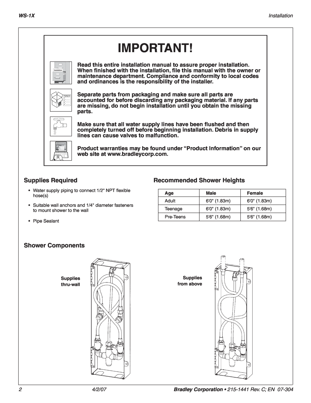 Bradley Smoker WS-1X dimensions Supplies Required, Shower Components, Recommended Shower Heights, Installation 