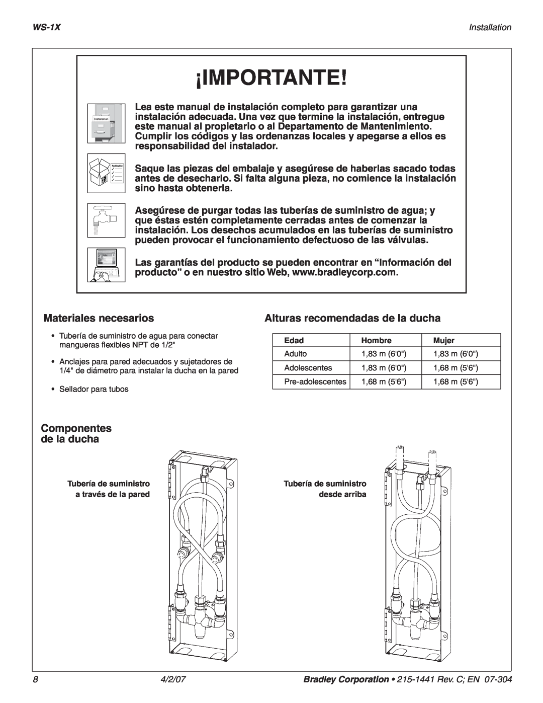 Bradley Smoker WS-1X Materiales necesarios, Alturas recomendadas de la ducha, Componentes de la ducha, ¡Importante 