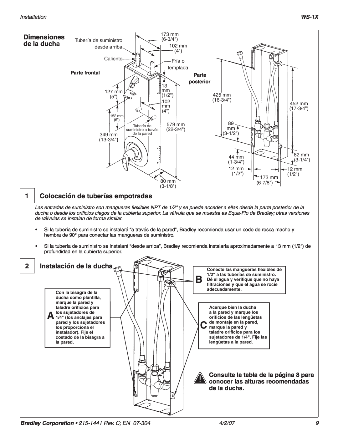 Bradley Smoker WS-1X Colocación de tuberías empotradas, Instalación de la ducha, Installation, 4/2/07, Dimensiones, Parte 