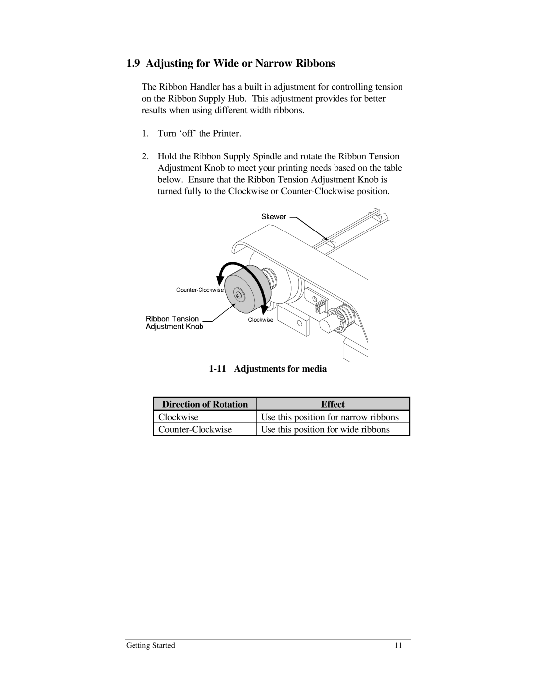 Brady 1024 manual Adjusting for Wide or Narrow Ribbons, Adjustments for media Direction of Rotation Effect 