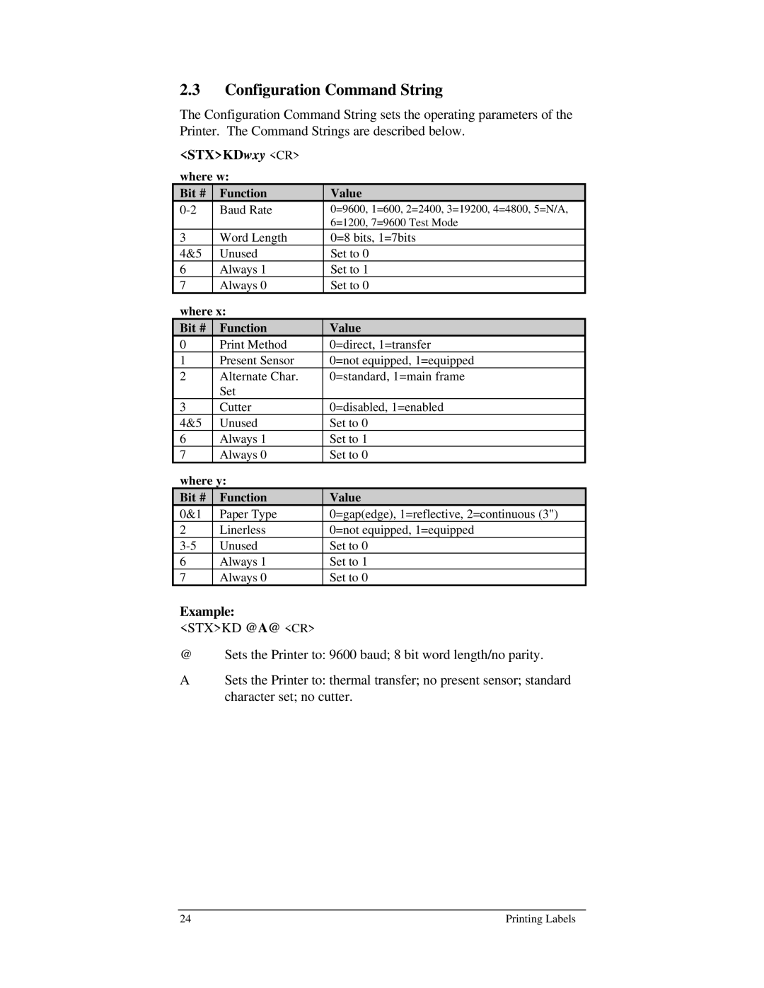 Brady 1024 manual Configuration Command String, STXKDwxy CR where w, Example 