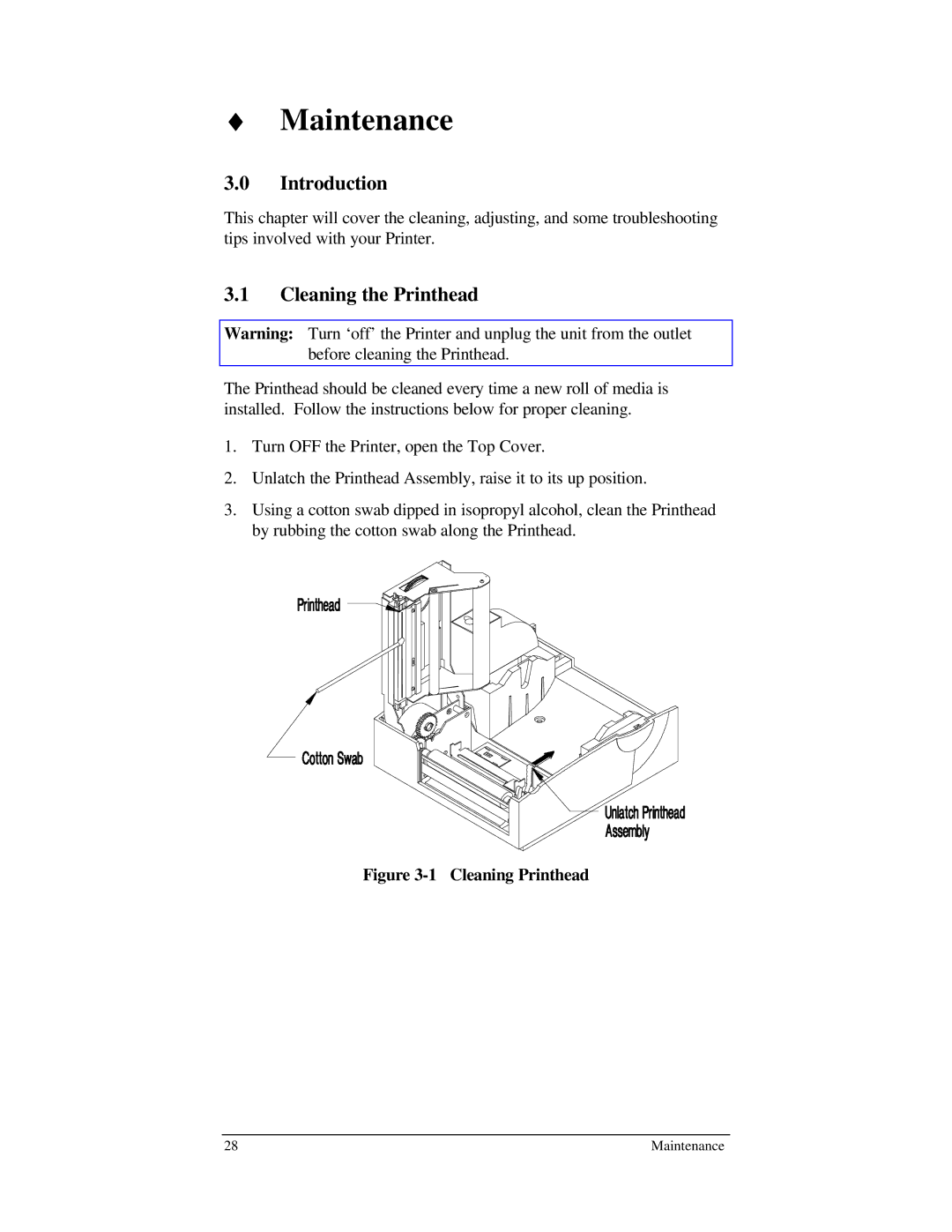 Brady 1024 manual Cleaning the Printhead, Cleaning Printhead 