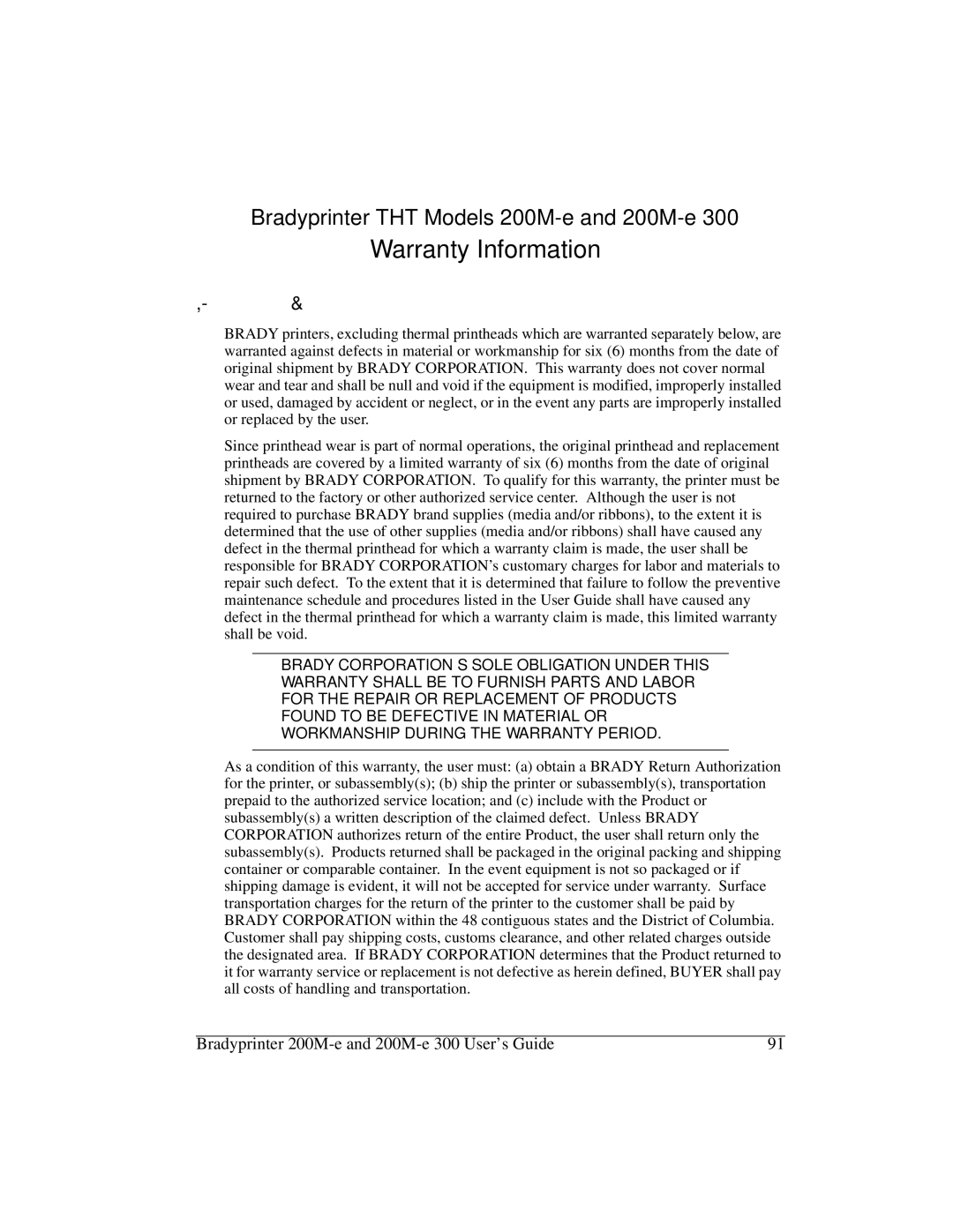 Brady 200M-e 300 manual Warranty Information 