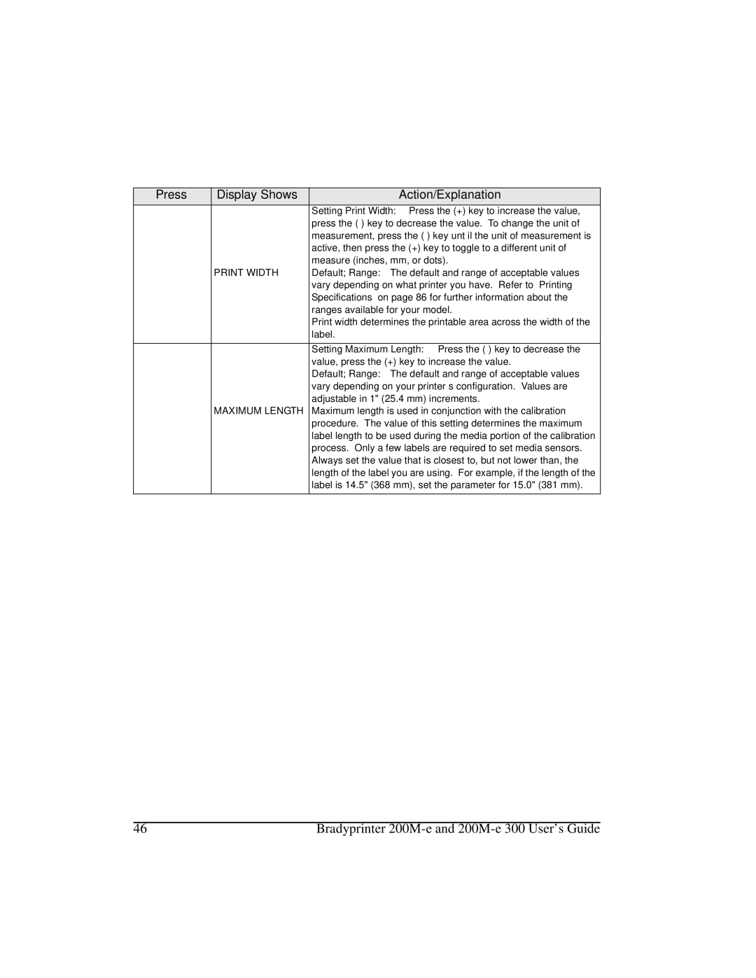 Brady 200M-e 300 manual Print Width, Maximum Length 