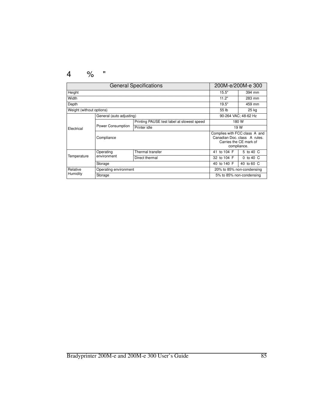 Brady 200M-e 300 manual HQHUDO6SHFLILFDWLRQV, General Specifications 200M-e/200M-e 