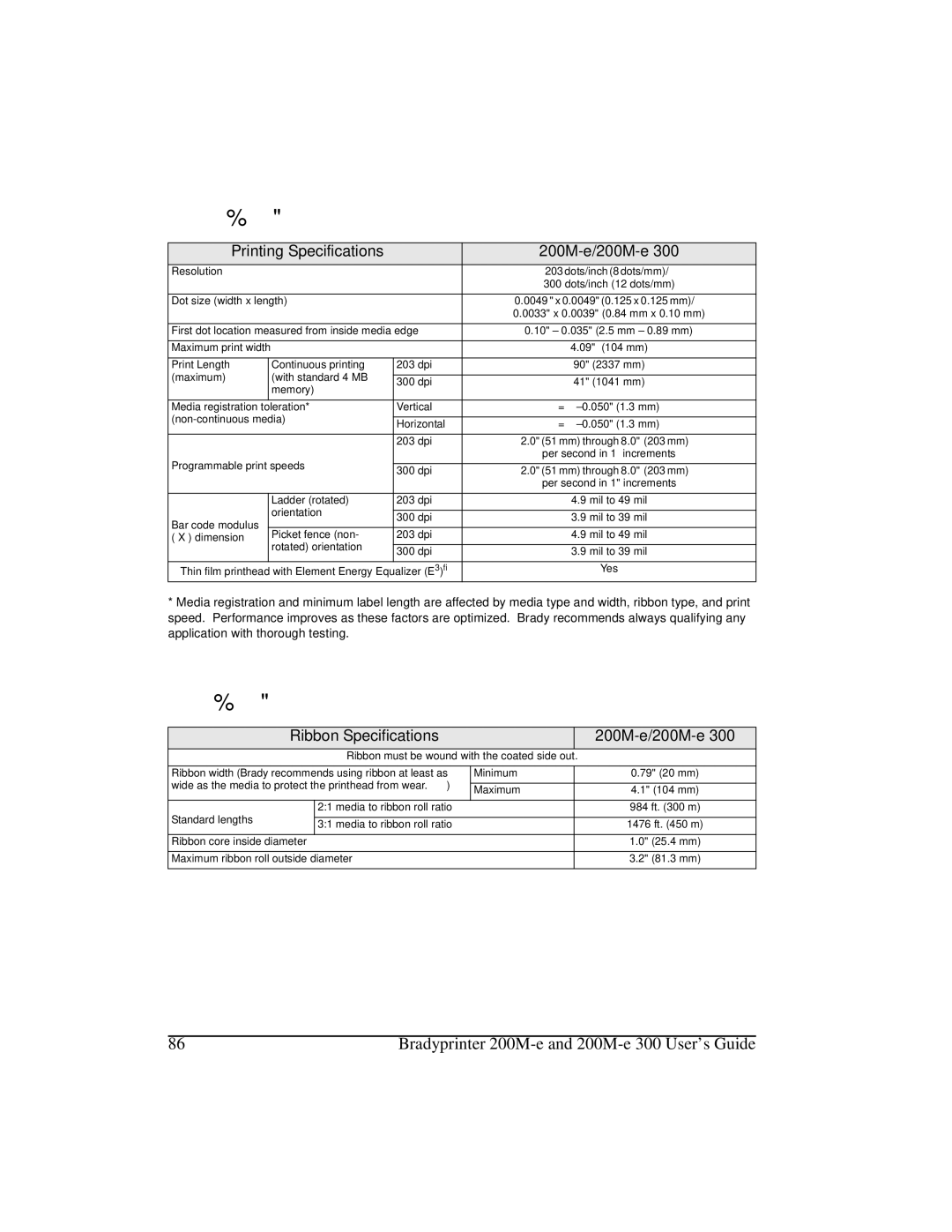 Brady 200M-e 300 manual 3ULQWLQJ6SHFLILFDWLRQV, 5LEERQ6SHFLILFDWLRQV, Printing Specifications 200M-e/200M-e 