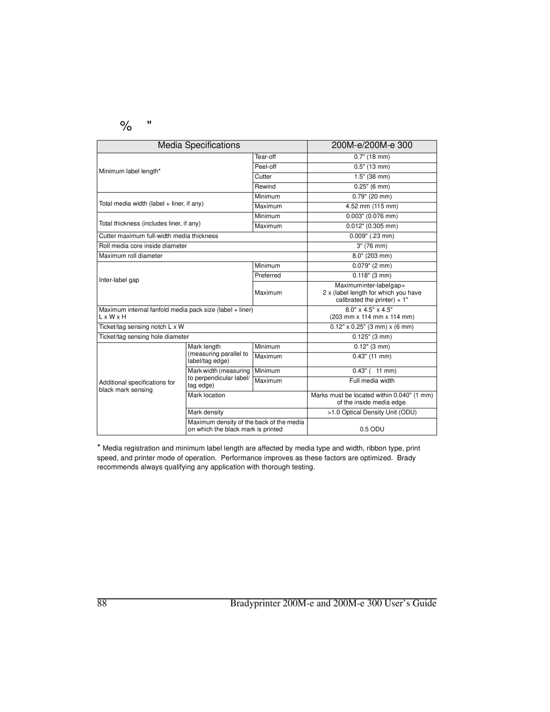 Brady 200M-e 300 manual 0HGLD6SHFLILFDWLRQV, Media Specifications 200M-e/200M-e 