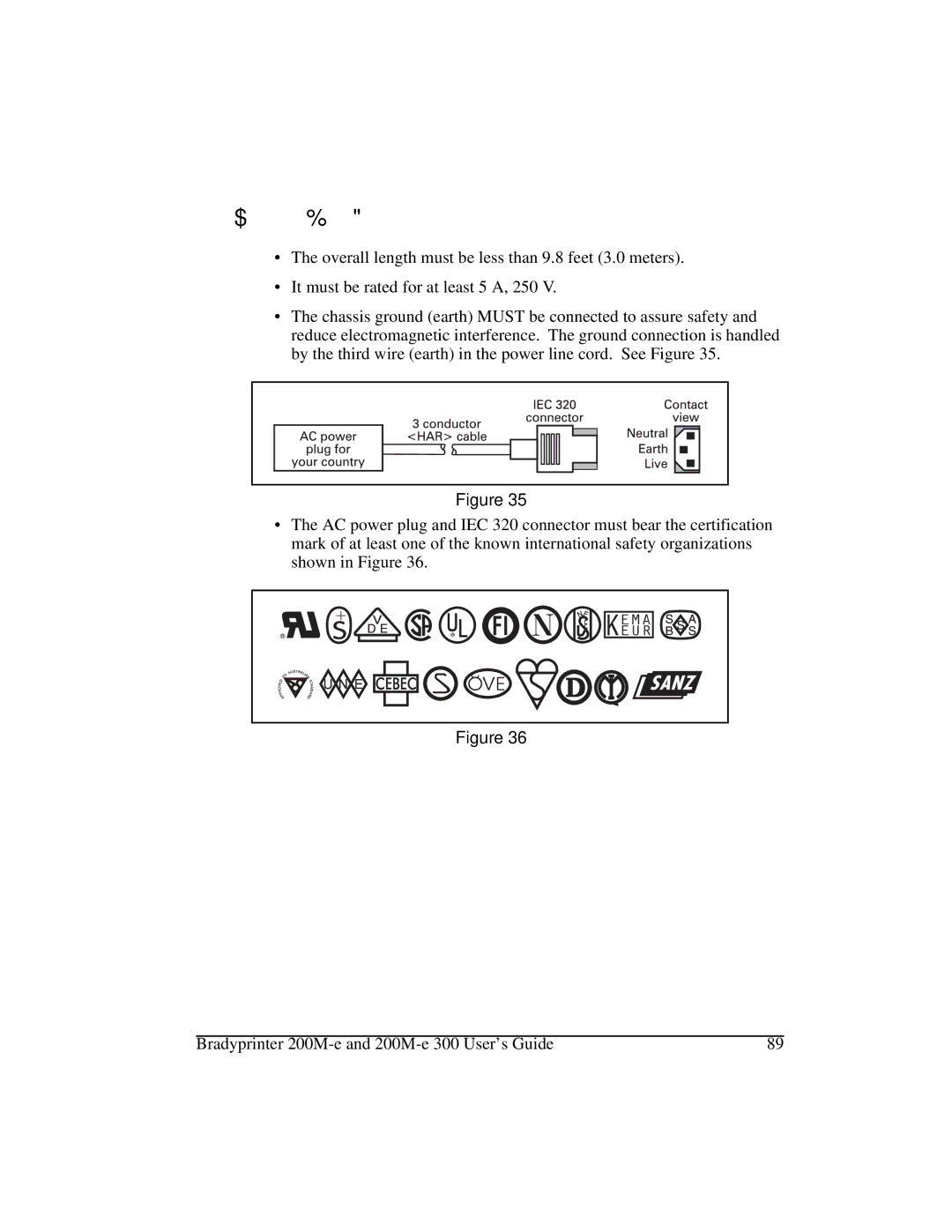 Brady 200M-e 300 manual 3RZHU/LQH&RUG6SHFLILFDWLRQV 