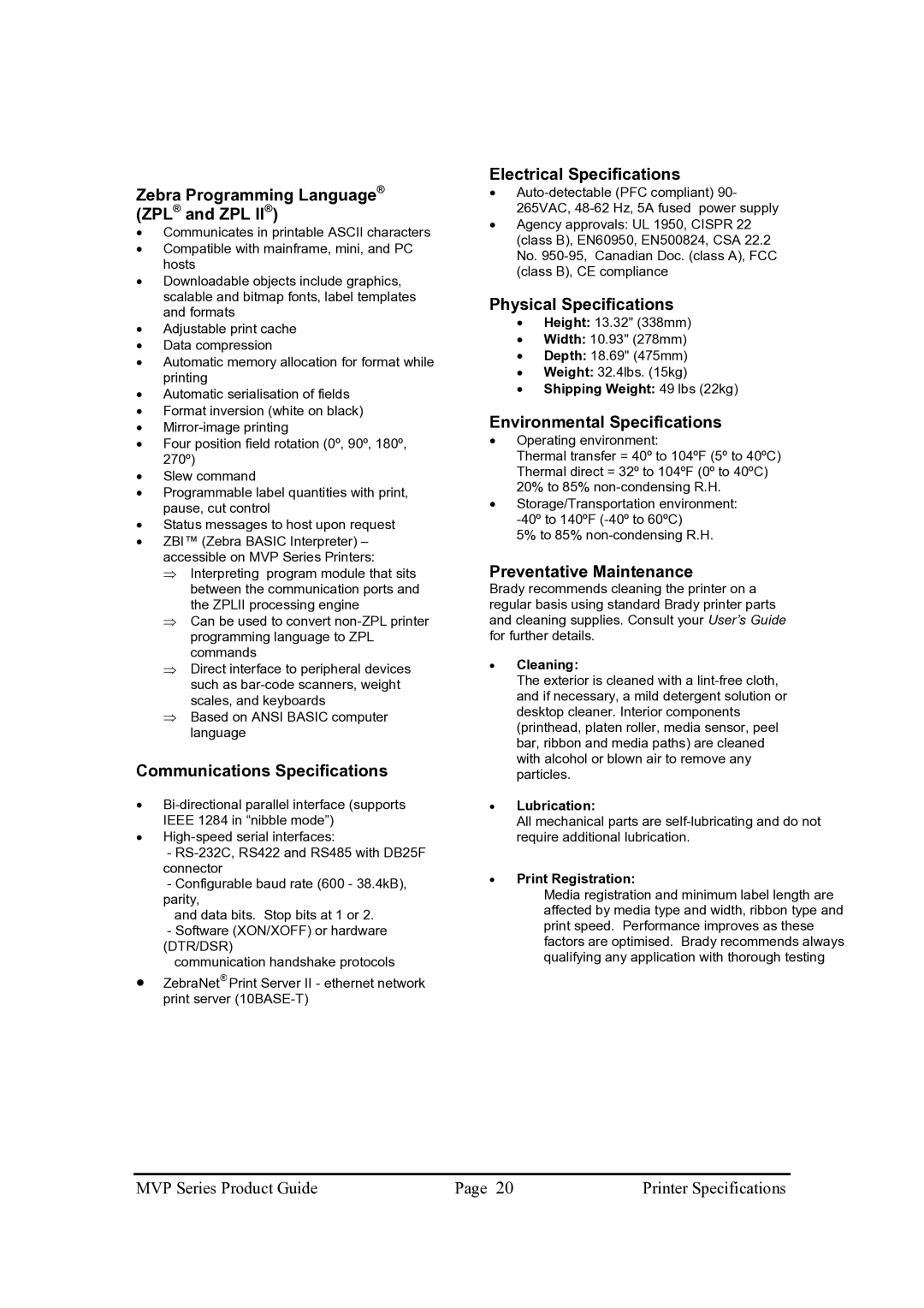 Brady 200MVP, 300MVP manual Zebra Programming Language ZPL and ZPL, Communications Specifications, Electrical Specifications 