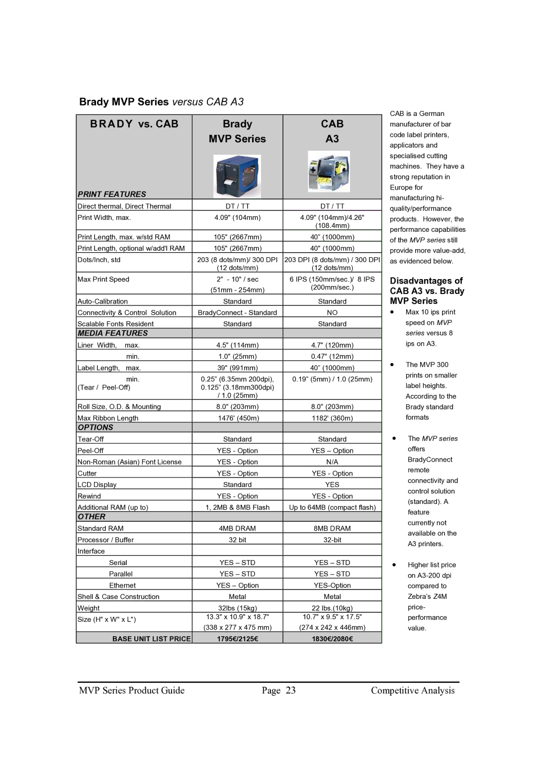 Brady 300MVP, 200MVP manual Brady MVP Series versus CAB A3 Brady vs. CAB, Cab, Disadvantages of CAB A3 vs. Brady MVP Series 