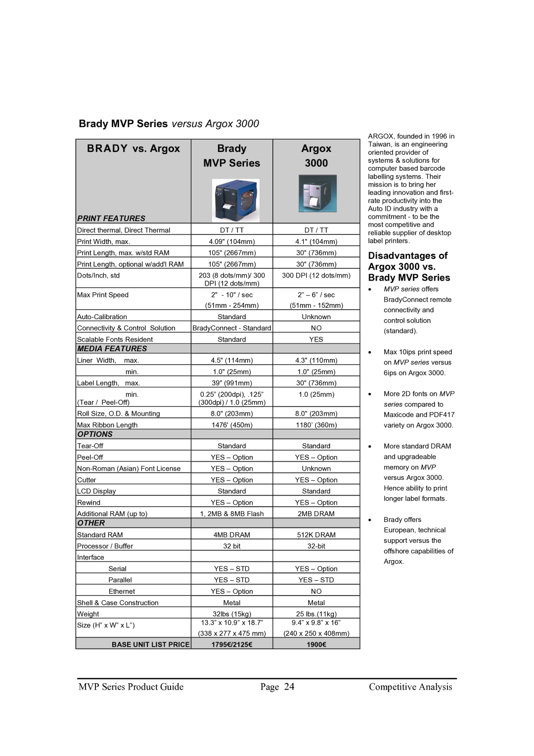 Brady 200MVP, 300MVP Brady MVP Series versus Argox Brady vs. Argox 3000, Disadvantages of Argox 3000 vs. Brady MVP Series 