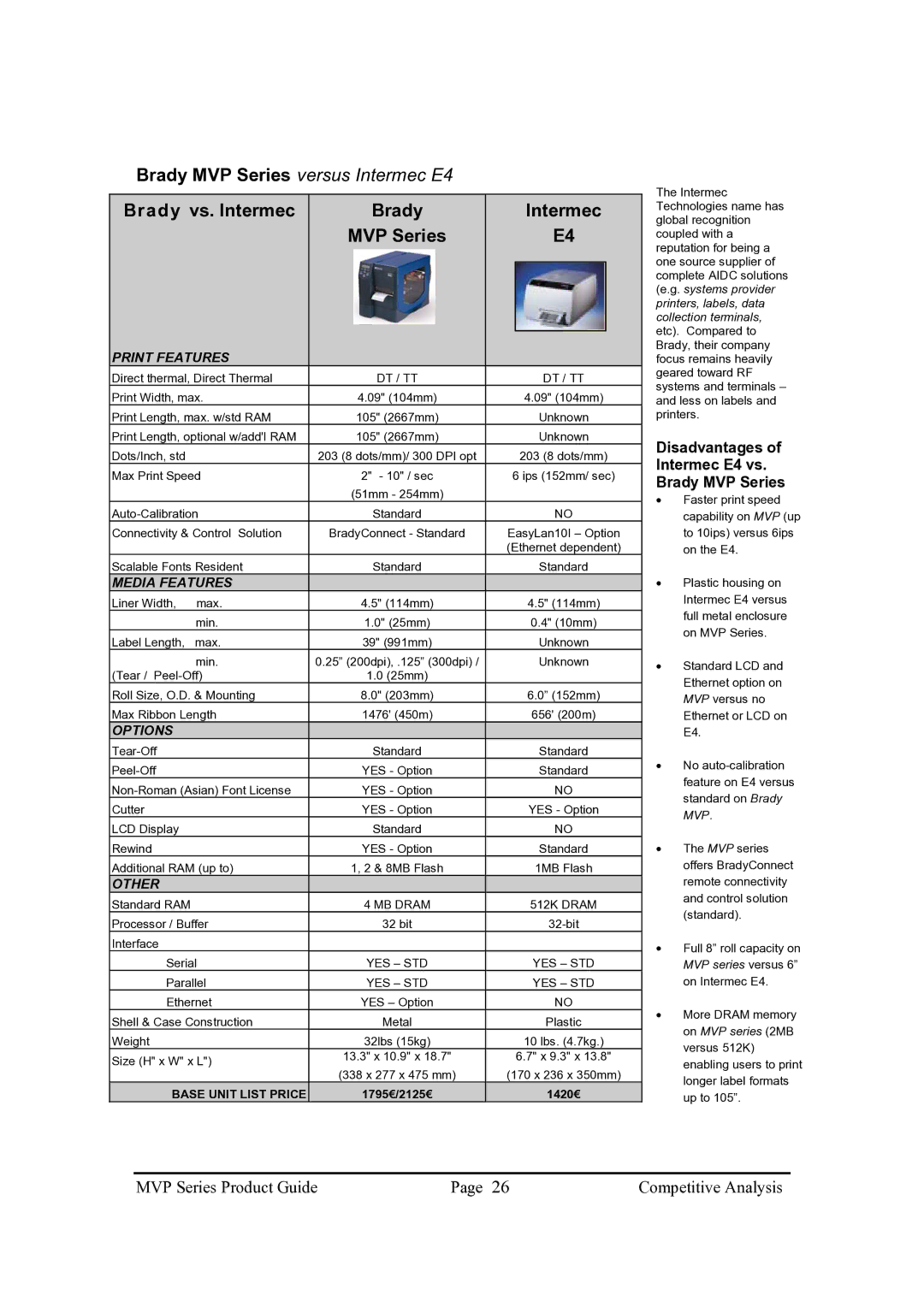 Brady 200MVP, 300MVP Brady vs. Intermec MVP Series, Disadvantages of Intermec E4 vs. Brady MVP Series, MB Dram 512K Dram 