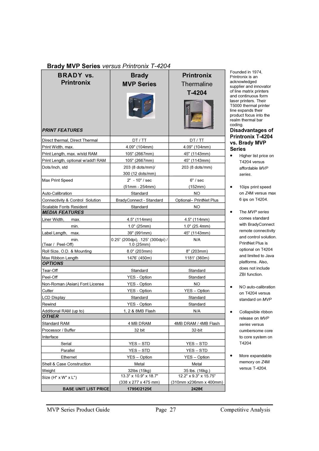 Brady 300MVP Brady vs Printronix, Disadvantages of Printronix T-4204 vs. Brady MVP Series, MB Dram, 1795€/2125€ 2428€ 