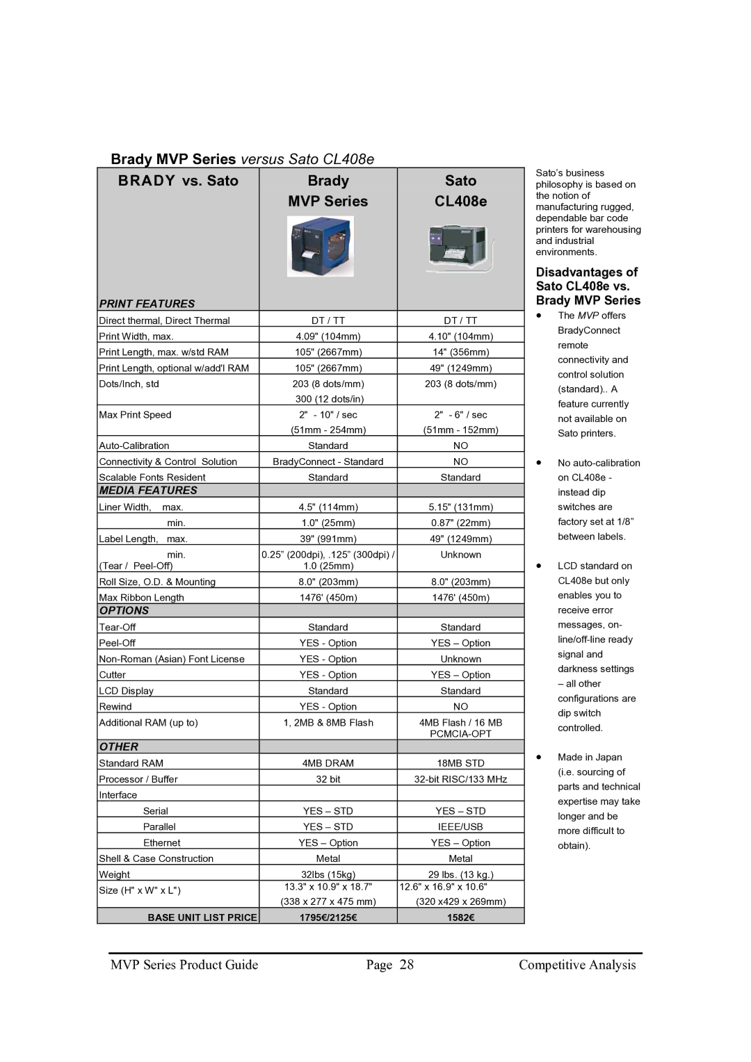 Brady 200MVP Brady vs. Sato MVP Series CL408e, Disadvantages of Sato CL408e vs. Brady MVP Series, Pcmcia-Opt, Ieee/Usb 