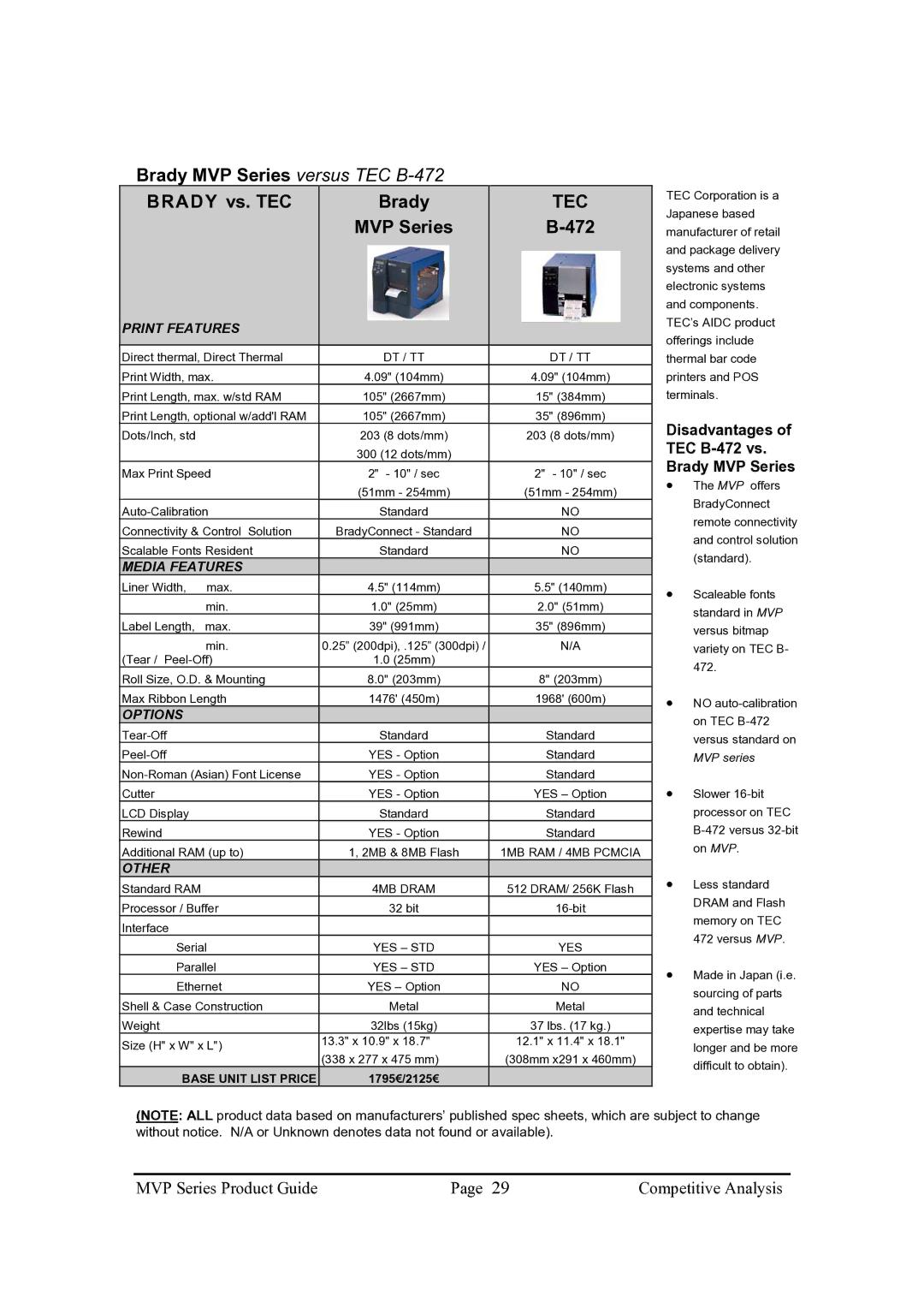 Brady 300MVP, 200MVP manual Brady MVP Series versus TEC B-472 Brady vs. TEC, Tec, MVP Series 472, 1795€/2125€ 