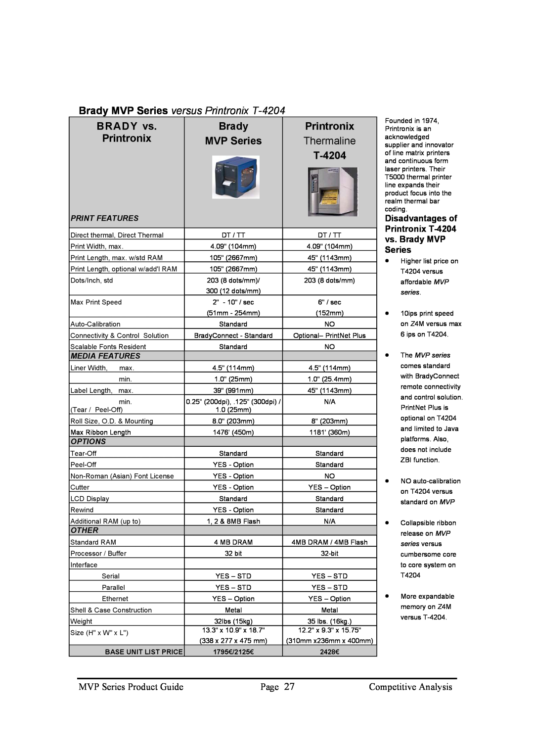 Brady 300MVP Brady MVP Series versus Printronix T-4204, MVP Series Product Guide, Page, Competitive Analysis, Options 