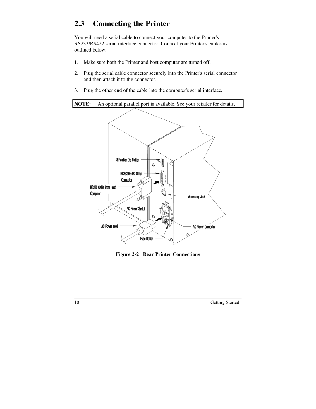 Brady 2024, 2034 manual Connecting the Printer, Rear Printer Connections 