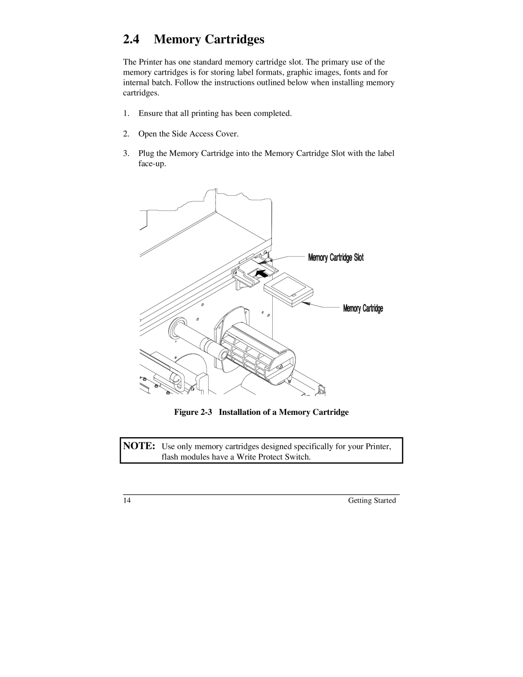 Brady 2024, 2034 manual Memory Cartridges, Installation of a Memory Cartridge 