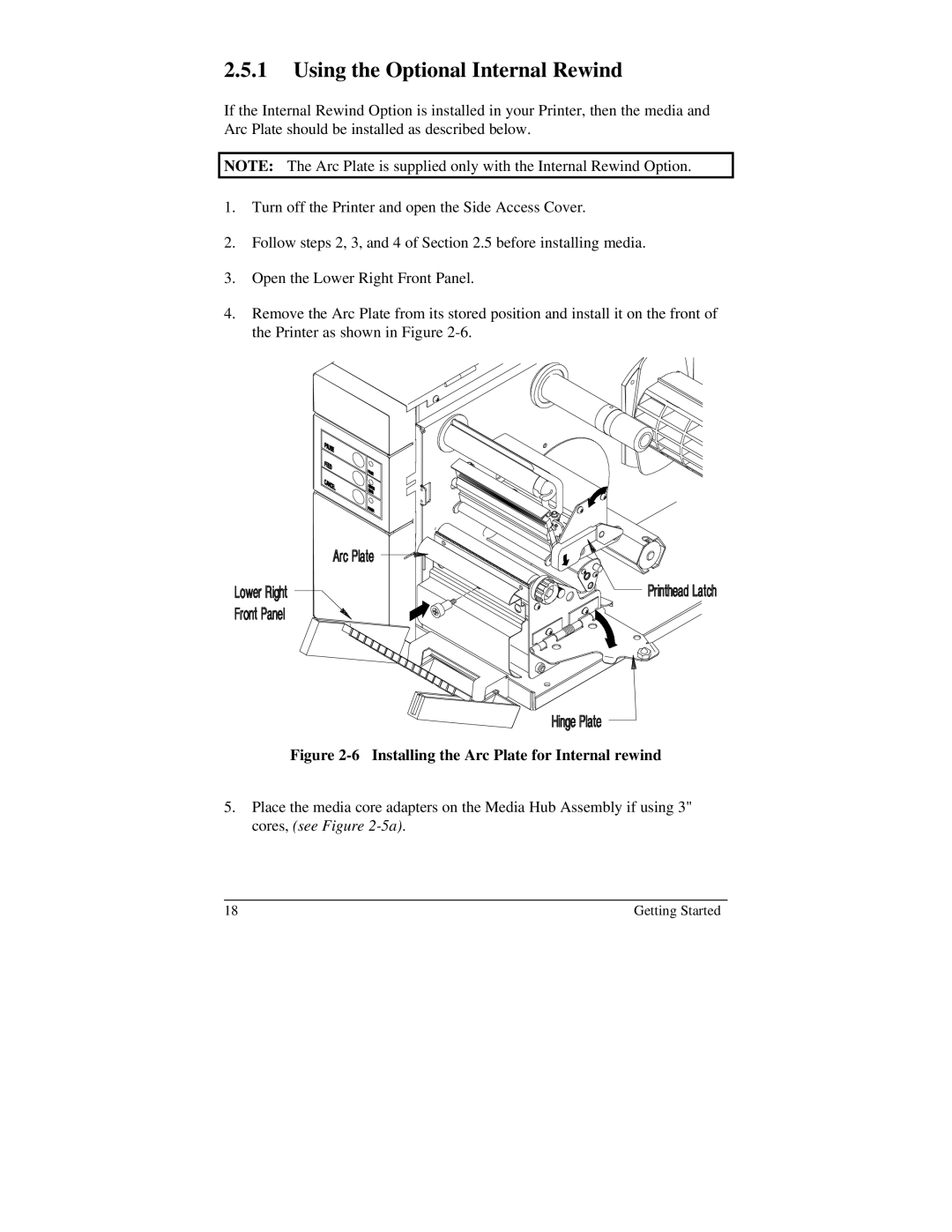 Brady 2024, 2034 manual Using the Optional Internal Rewind, Installing the Arc Plate for Internal rewind 