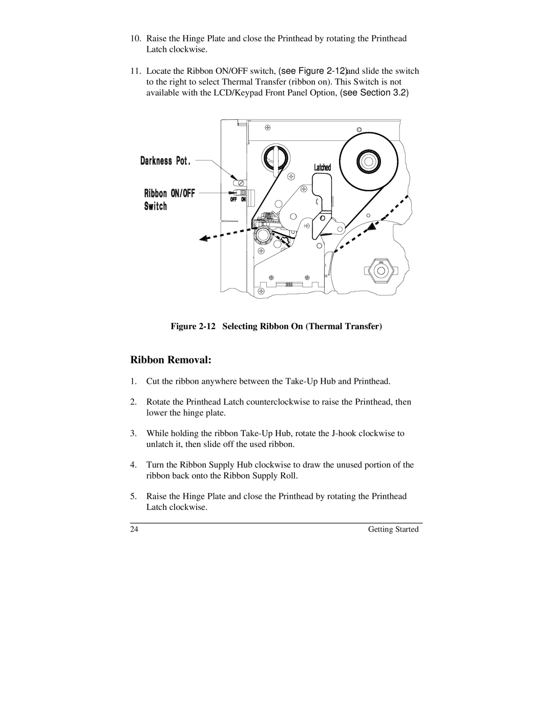 Brady 2024, 2034 manual Ribbon Removal, Selecting Ribbon On Thermal Transfer 