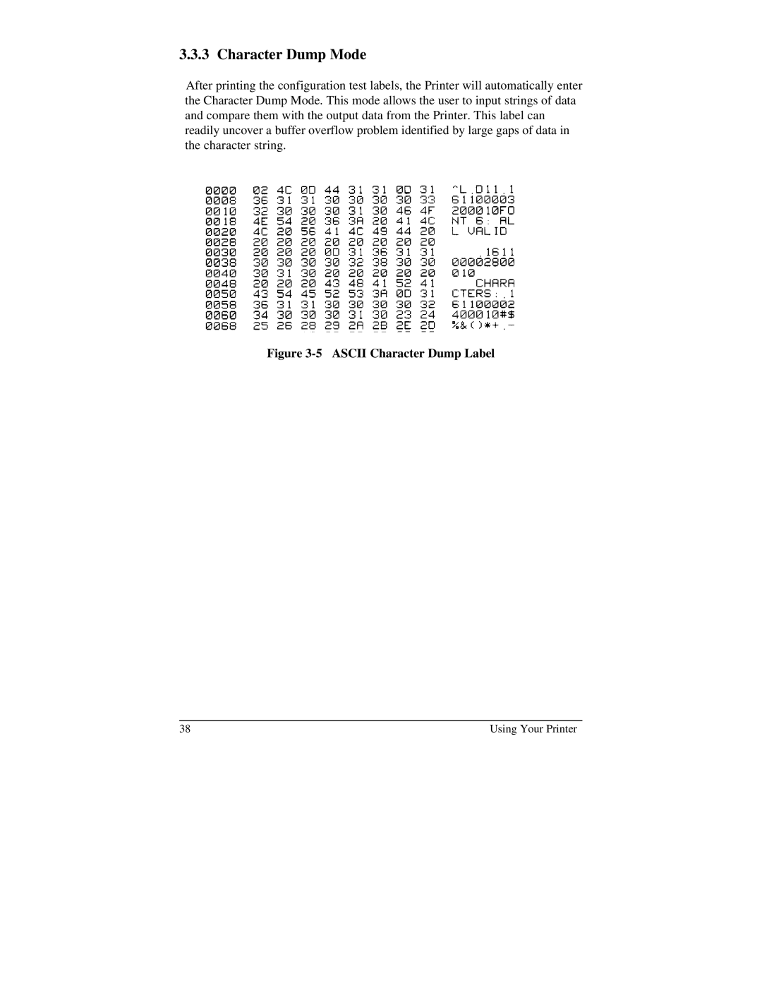 Brady 2024, 2034 manual Character Dump Mode, Ascii Character Dump Label 