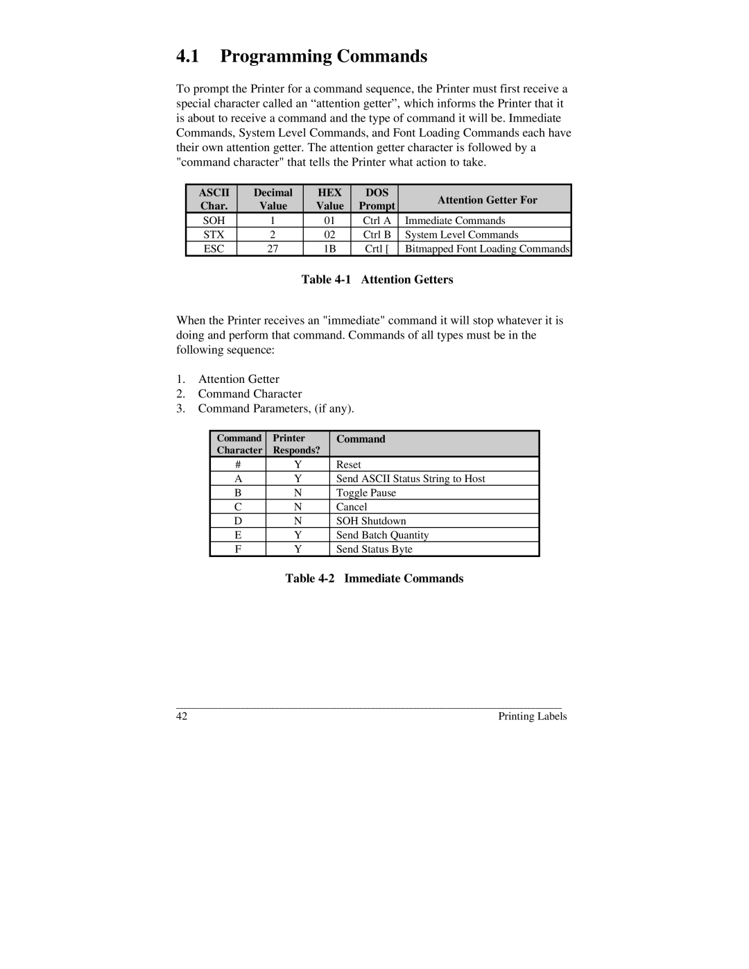 Brady 2024, 2034 manual Programming Commands, Immediate Commands 