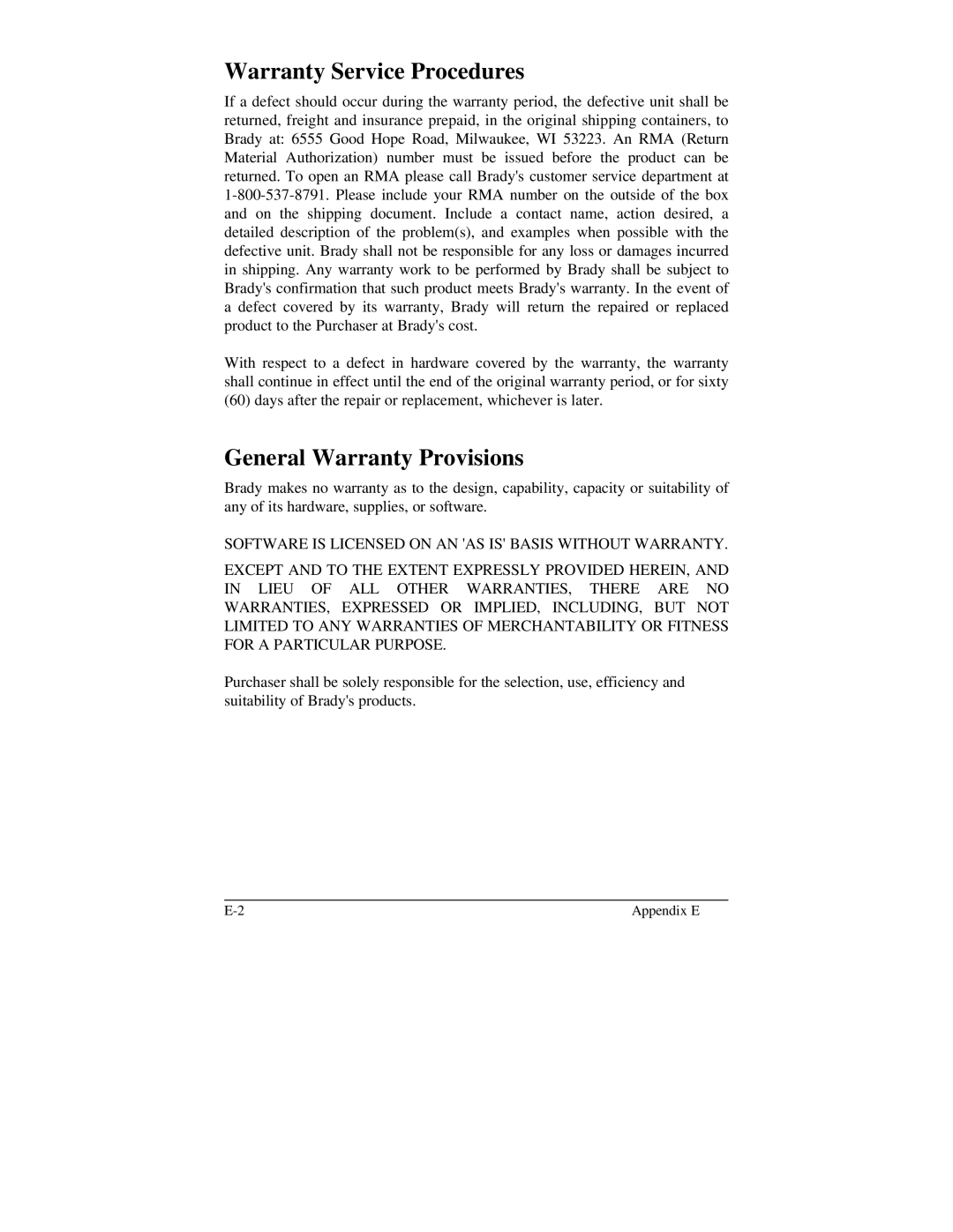 Brady 2024, 2034 manual Warranty Service Procedures, General Warranty Provisions 