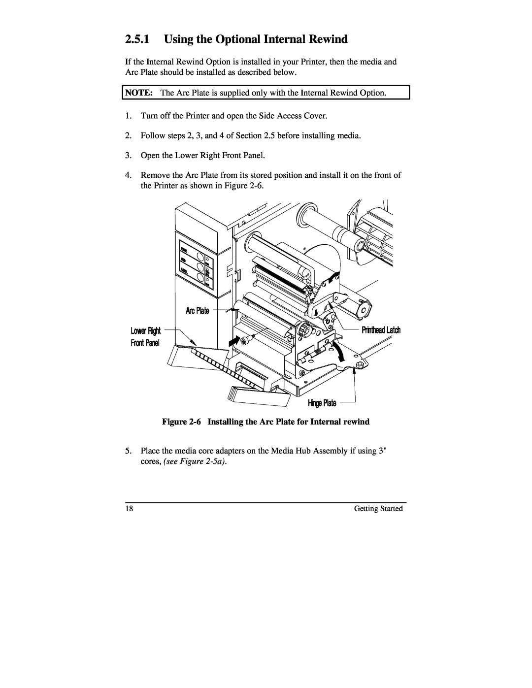 Brady 2024, 2034 manual Using the Optional Internal Rewind, 6 Installing the Arc Plate for Internal rewind 