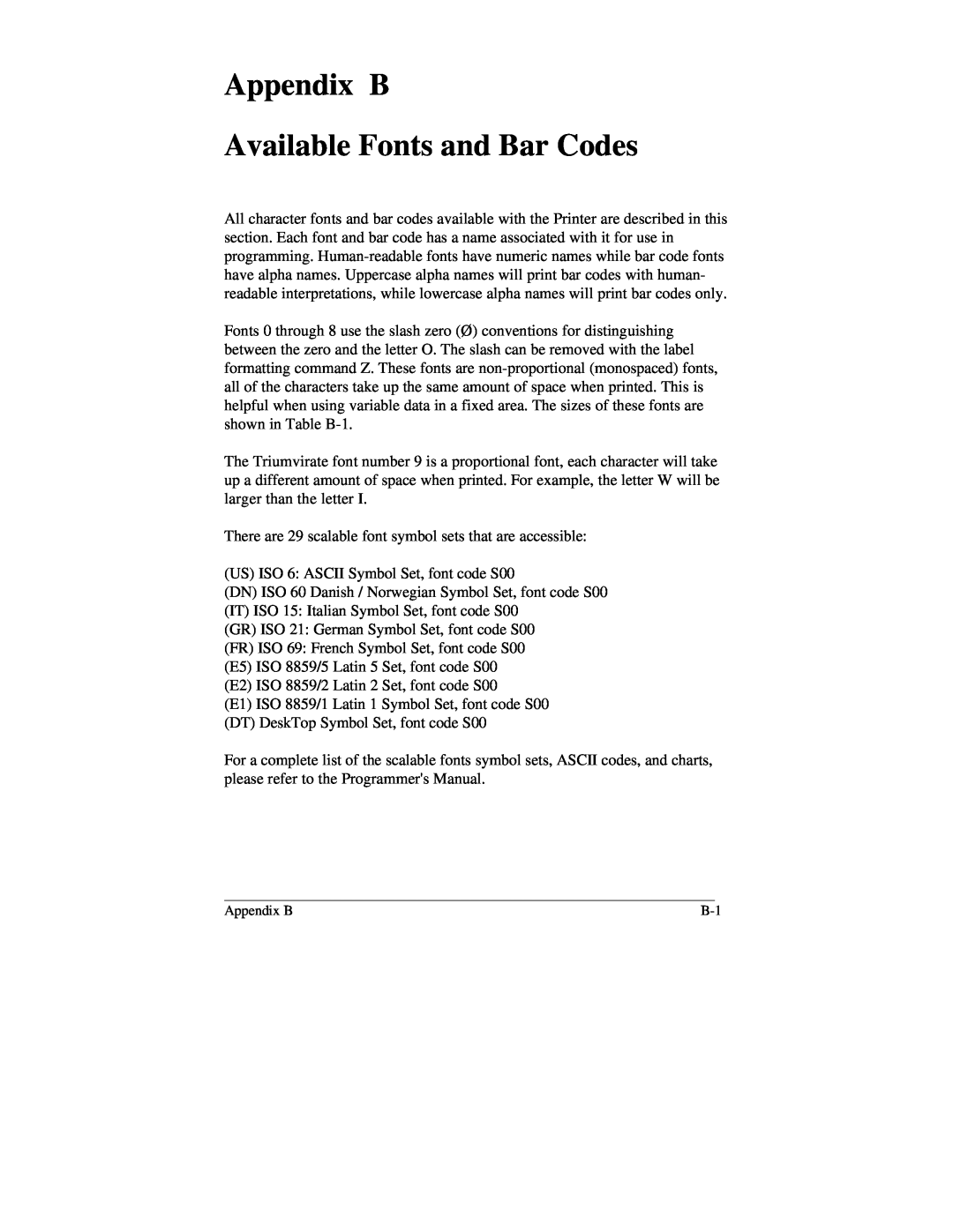 Brady 2034, 2024 manual Appendix B Available Fonts and Bar Codes 