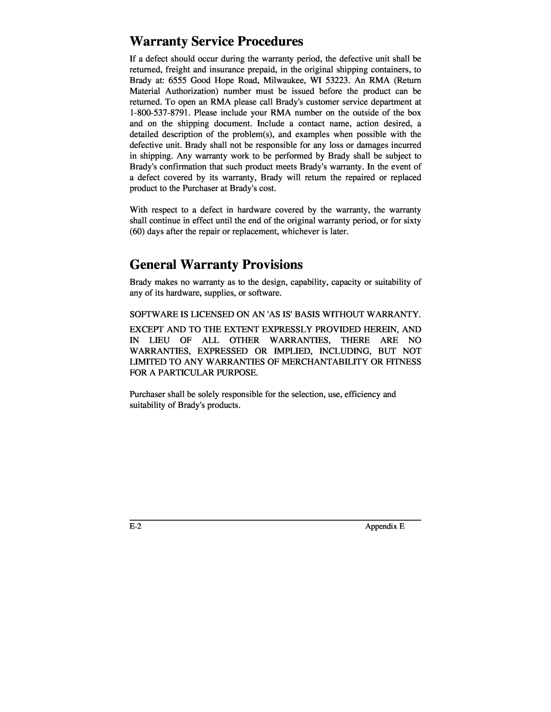Brady 2024, 2034 manual Warranty Service Procedures, General Warranty Provisions 
