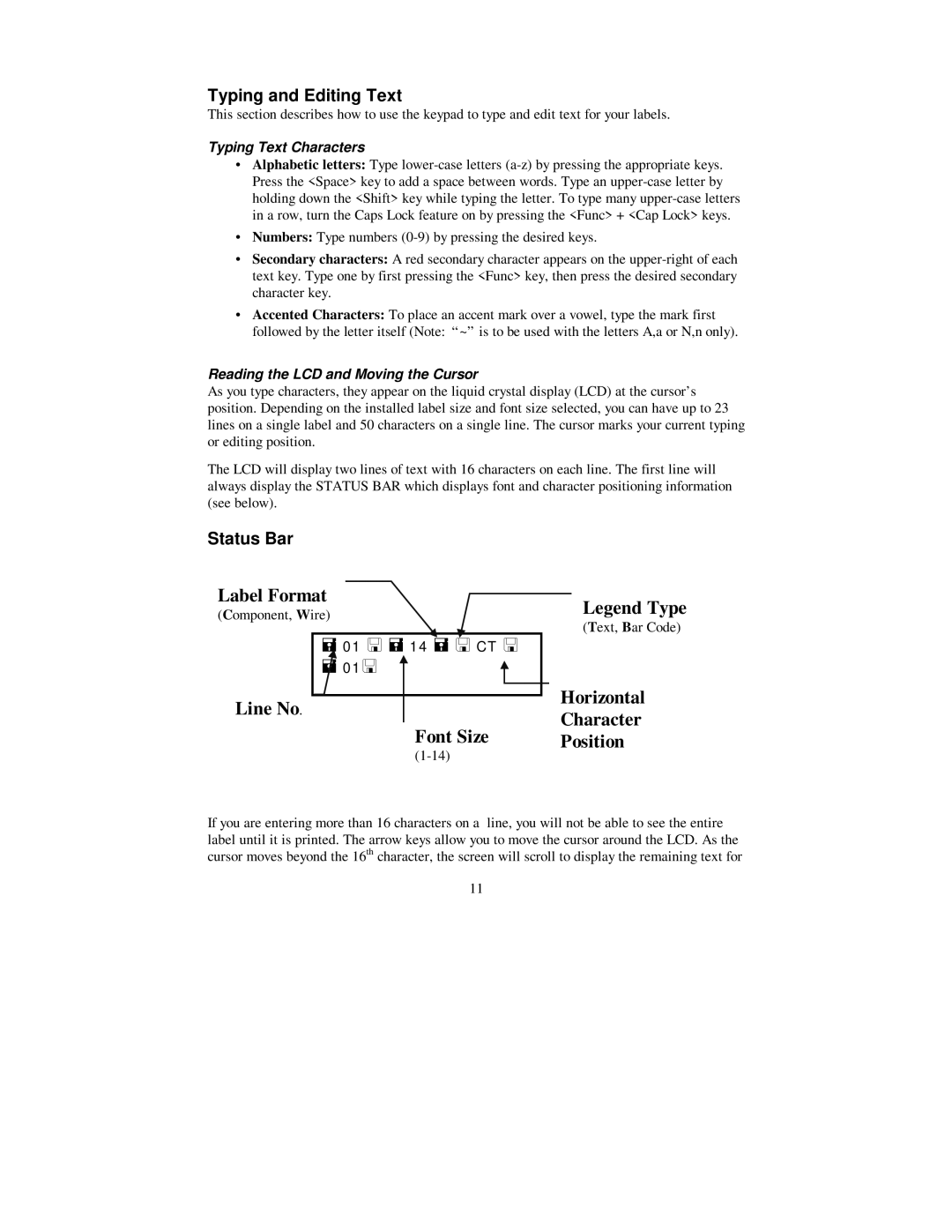 Brady 2200 user manual Typing and Editing Text, Status Bar, Typing Text Characters, Reading the LCD and Moving the Cursor 