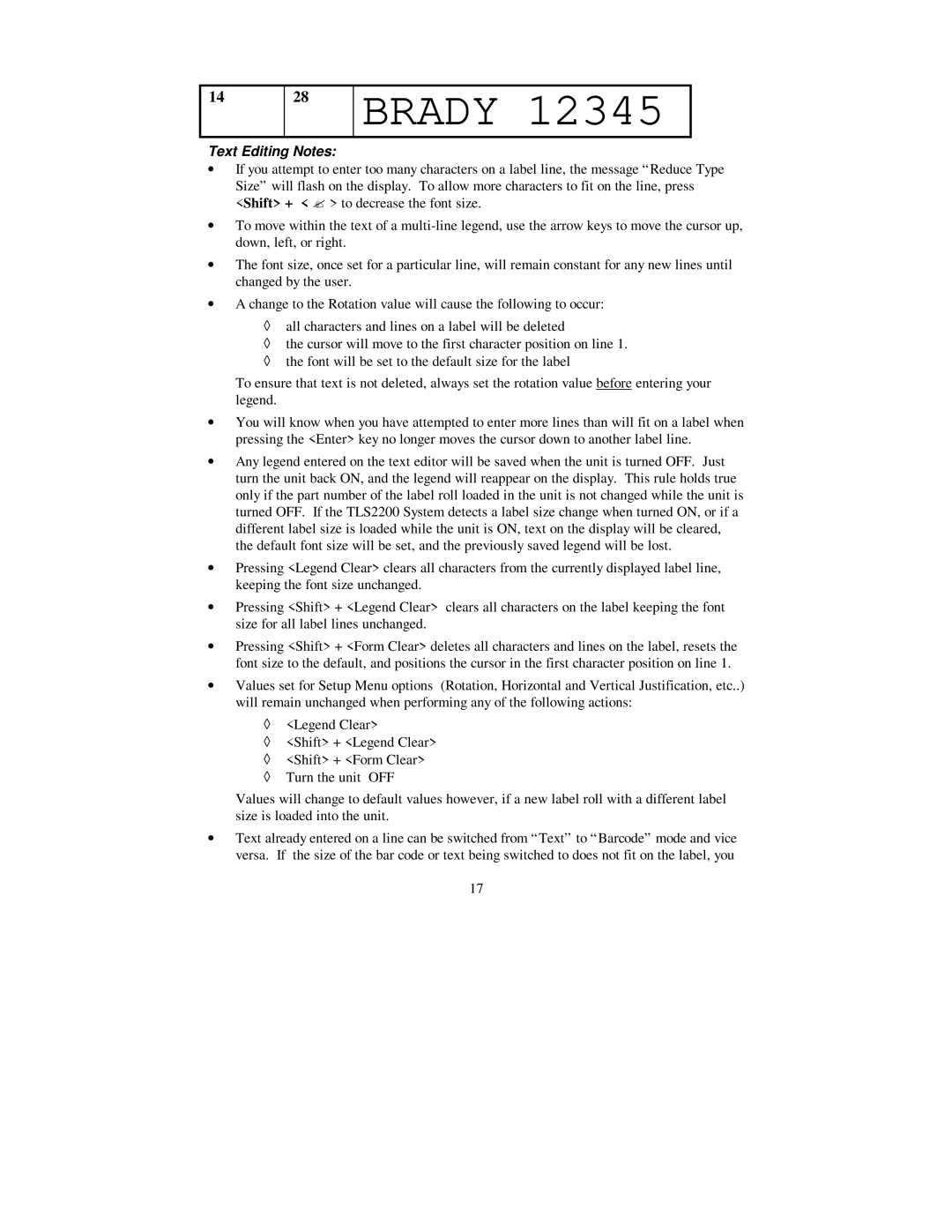 Brady 2200 user manual Brady, Text Editing Notes 