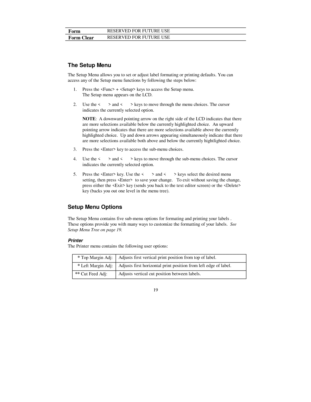 Brady 2200 user manual Setup Menu Options, Printer 