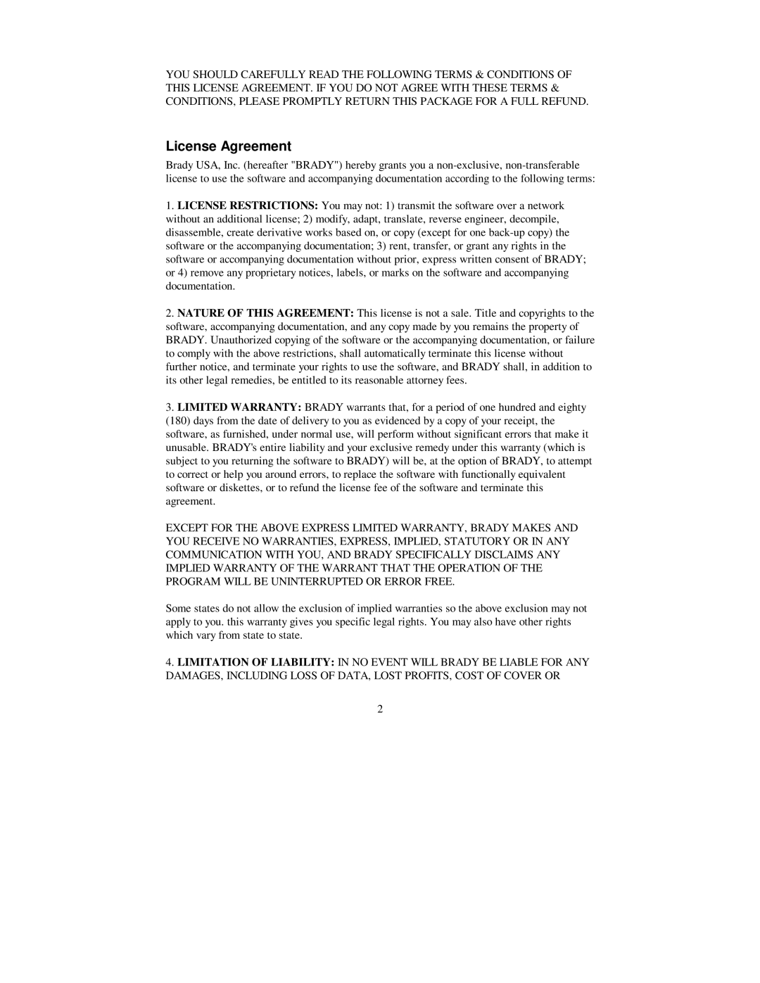 Brady 2200 user manual License Agreement 